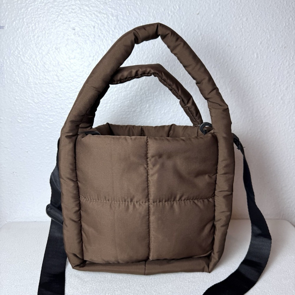 5B Style Brown Quilted Puffer Square Purse Adjustable Black Strap Crossbody Bag